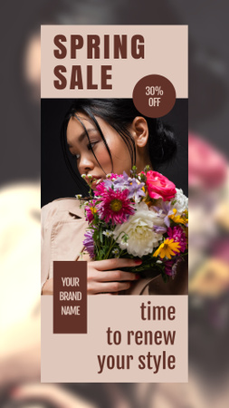 Plantilla de diseño de Venta de primavera con mujer asiática con ramo de flores Instagram Story 