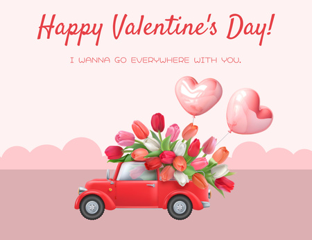 Modèle de visuel Célébration de la Saint-Valentin avec une voiture rétro transportant des tulipes - Thank You Card 5.5x4in Horizontal