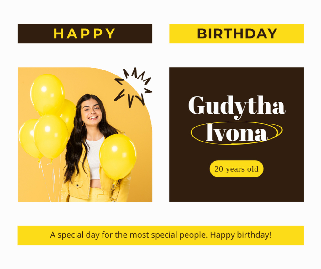 Happy Birthday Wishes on White and Yellow Layout Facebook Modelo de Design