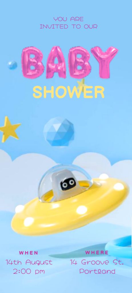 Modèle de visuel Baby Shower Announcement with Cartoon Spaceship and Rocket - Invitation 9.5x21cm