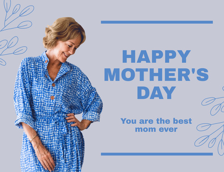 Mother's Day Greeting with Cute Mom in Blue Dress Thank You Card 5.5x4in Horizontal Design Template