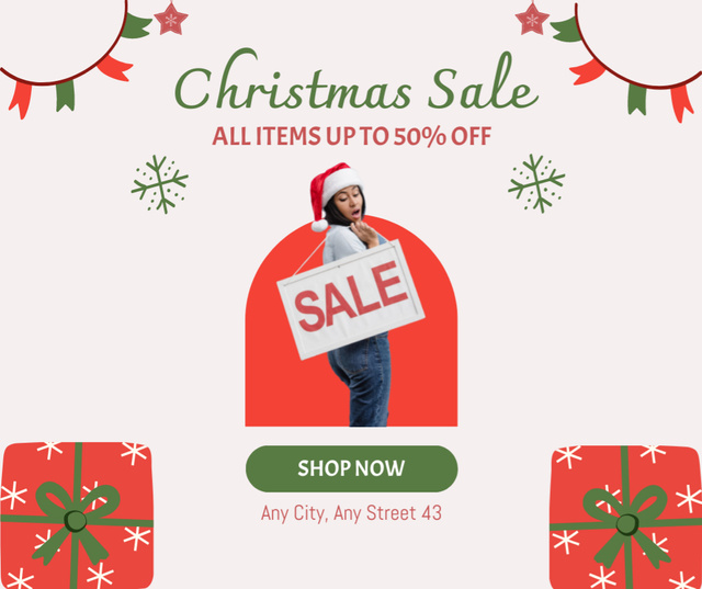 Christmas Sale Ad with Woman Holding Sale Banner Facebook tervezősablon
