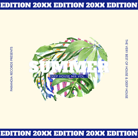 Watercolor illustration of tropical leaves surrounded with blue and white text on blue stripes Album Cover Modelo de Design