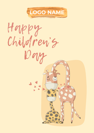 Children's Day Holiday Greeting with Cute Giraffes Poster A3 Design Template