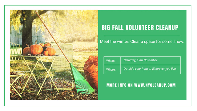 Volunteer Cleanup Announcement Autumn Garden with Pumpkins Title 1680x945px Design Template