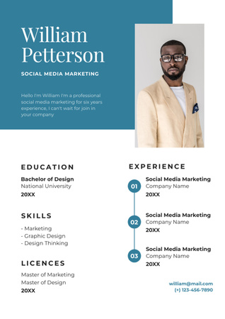 Szablon projektu Umiejętności marketera w mediach społecznościowych z doświadczeniem zawodowym w kolorze niebieskim Resume