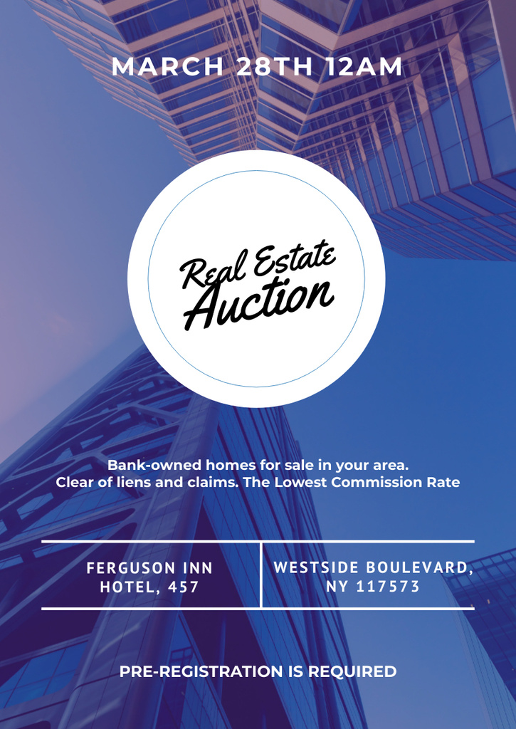 Real Estate Auction with Skyscraper in Blue Poster A3 Design Template