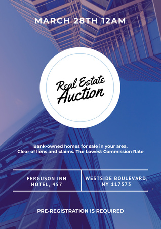 Real Estate Auction with Skyscraper in Blue Poster A3 Πρότυπο σχεδίασης
