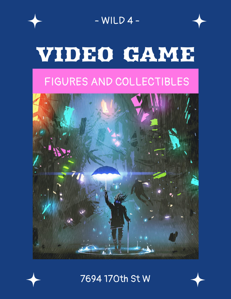 Video Game Figures Ad with Bright World Poster 8.5x11in Design Template