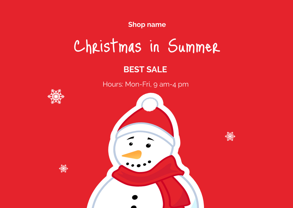 Best Christmas Sale in Summer with Cute Snowman Flyer A6 Horizontal Design Template