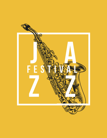 Template di design Jazz Festival Announcement with Saxophone Sketch on Yellow Flyer 8.5x11in