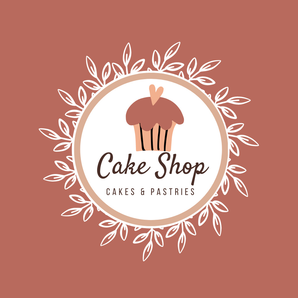 Template di design Bakery And Pastries Shop Promotion with Cupcake In Circle With Leaves Ornament Logo