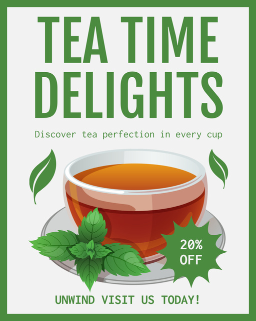 Delightful Tea With Leaves And Discounts In Coffee Shop Instagram Post Vertical Design Template
