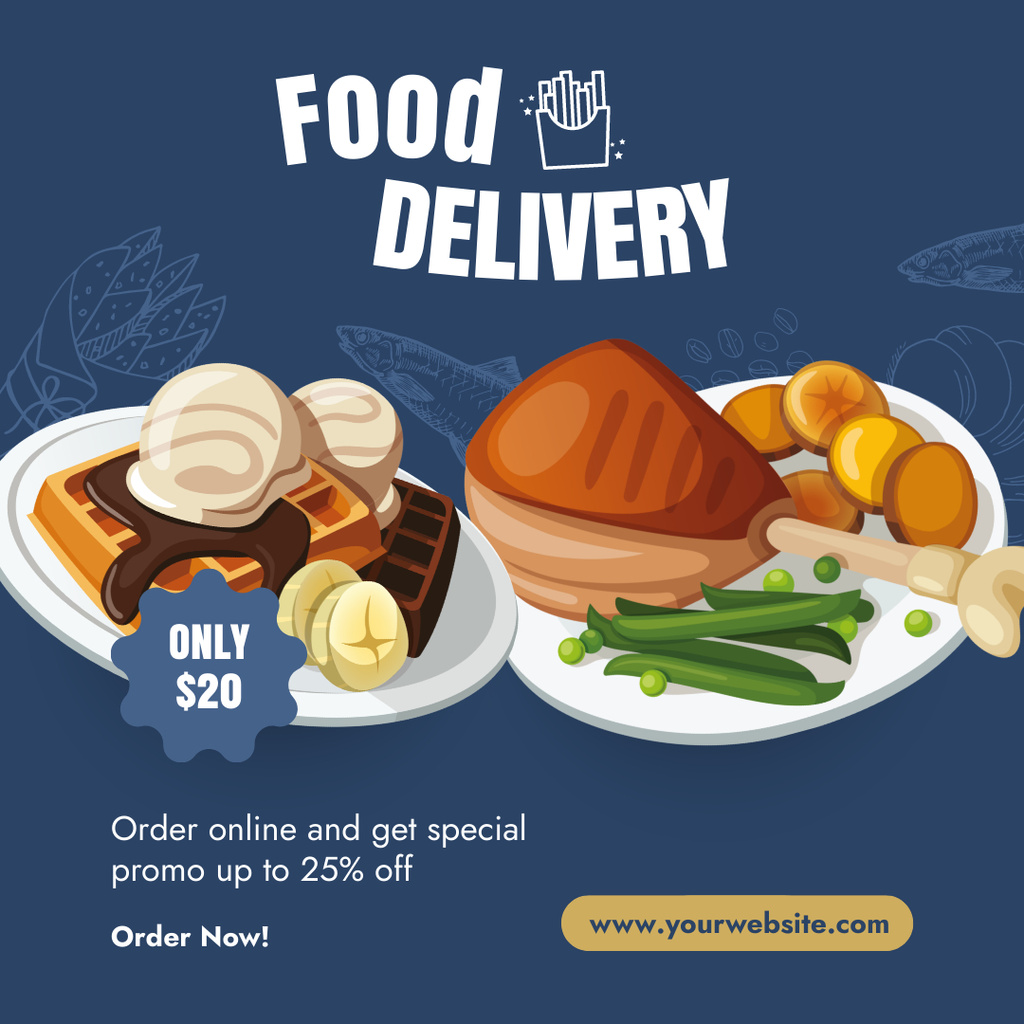 Ad of Delivery Services with Illustration of Food Instagram AD Modelo de Design