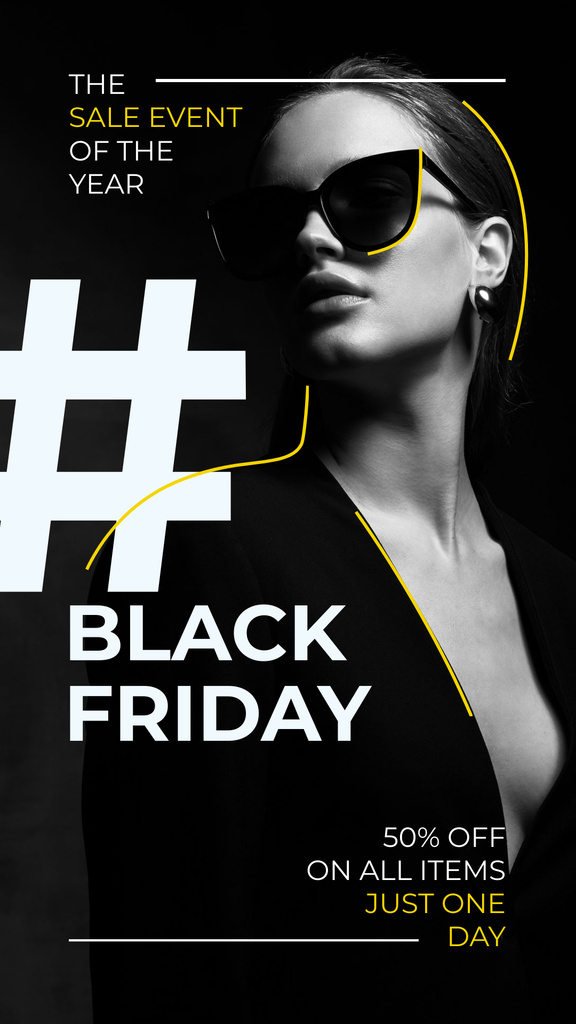 Designvorlage Black Friday Sale Beautiful young girl in sunglasses für Instagram Story