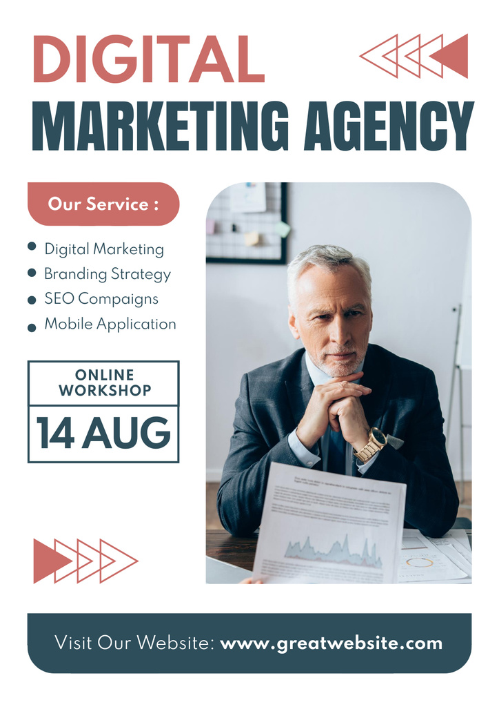 Elderly Businessman Offers Marketing Agency Services Posterデザインテンプレート