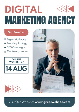 Ontwerpsjabloon van Poster van Oudere zakenman biedt marketingbureaudiensten aan