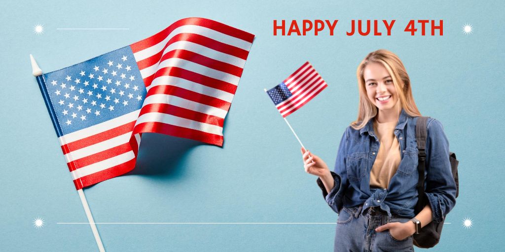 American Independence Day With Young Blonde Woman Holding Flag Twitter Modelo de Design