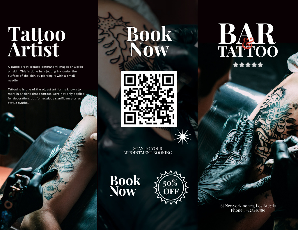 Creative Tattoo Artist Service With Discount And Booking Brochure 8.5x11in Πρότυπο σχεδίασης