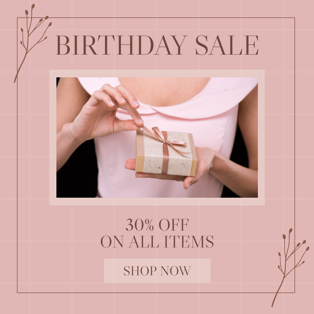 Designvorlage Birthday Sale Ad with Gift Box In Pink für Instagram