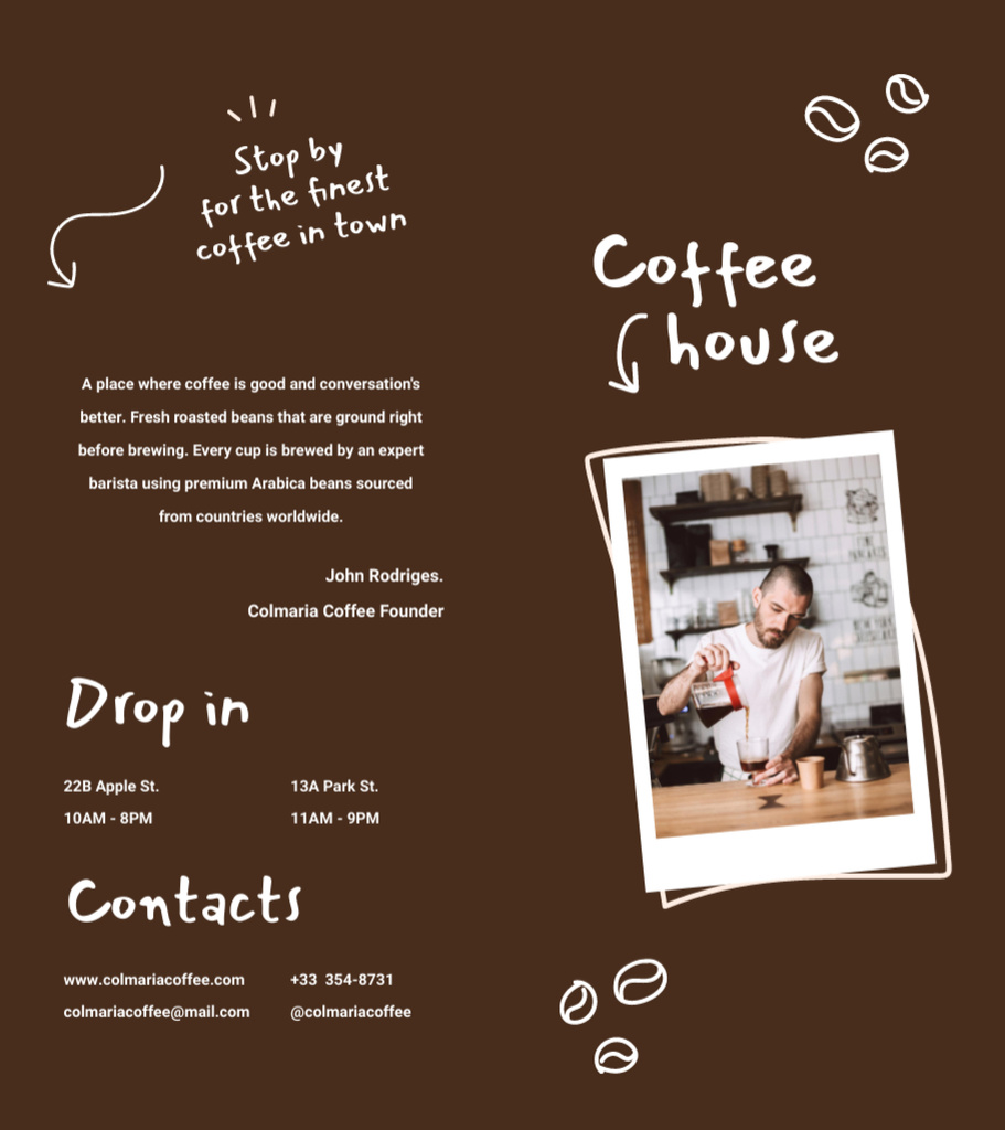 Fun-filled Coffee House Ad with Barista In Brown Brochure 9x8in Bi-foldデザインテンプレート