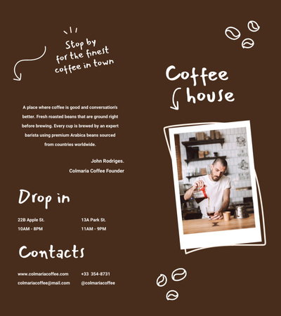 Fun-filled Coffee House Ad with Barista In Brown Brochure 9x8in Bi-fold Design Template