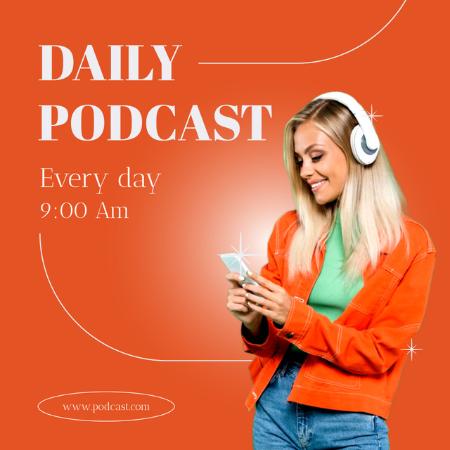 Daily Podcast  with Woman in Earphones Podcast Cover Design Template