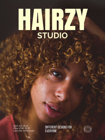 Hair Salon Services Offer with Curly Haired Woman Poster US Design Template