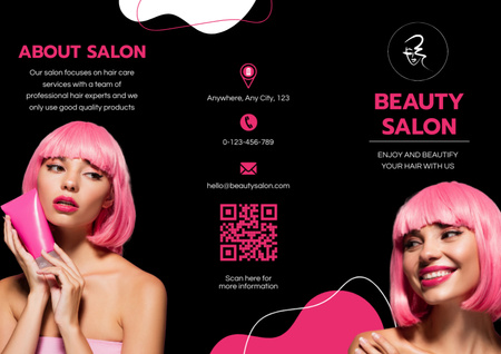 Designvorlage Schönheitssalon-Promotion mit junger Frau mit rosa Haaren für Brochure