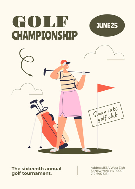 Golf Championship Announcement with Cute Woman with Stick Invitation Design Template
