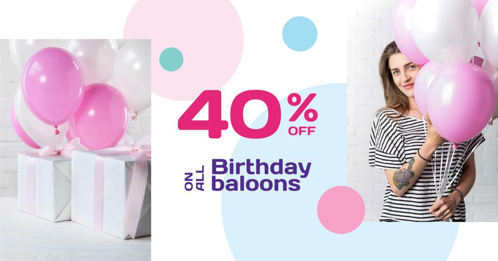 Ontwerpsjabloon van Facebook AD van Birthday Balloons Offer with Cute Girl