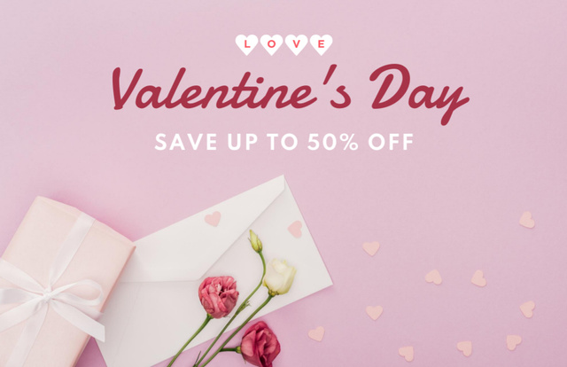 Template di design Discounts on Valentine's Day Items with Flowers in Pink Thank You Card 5.5x8.5in