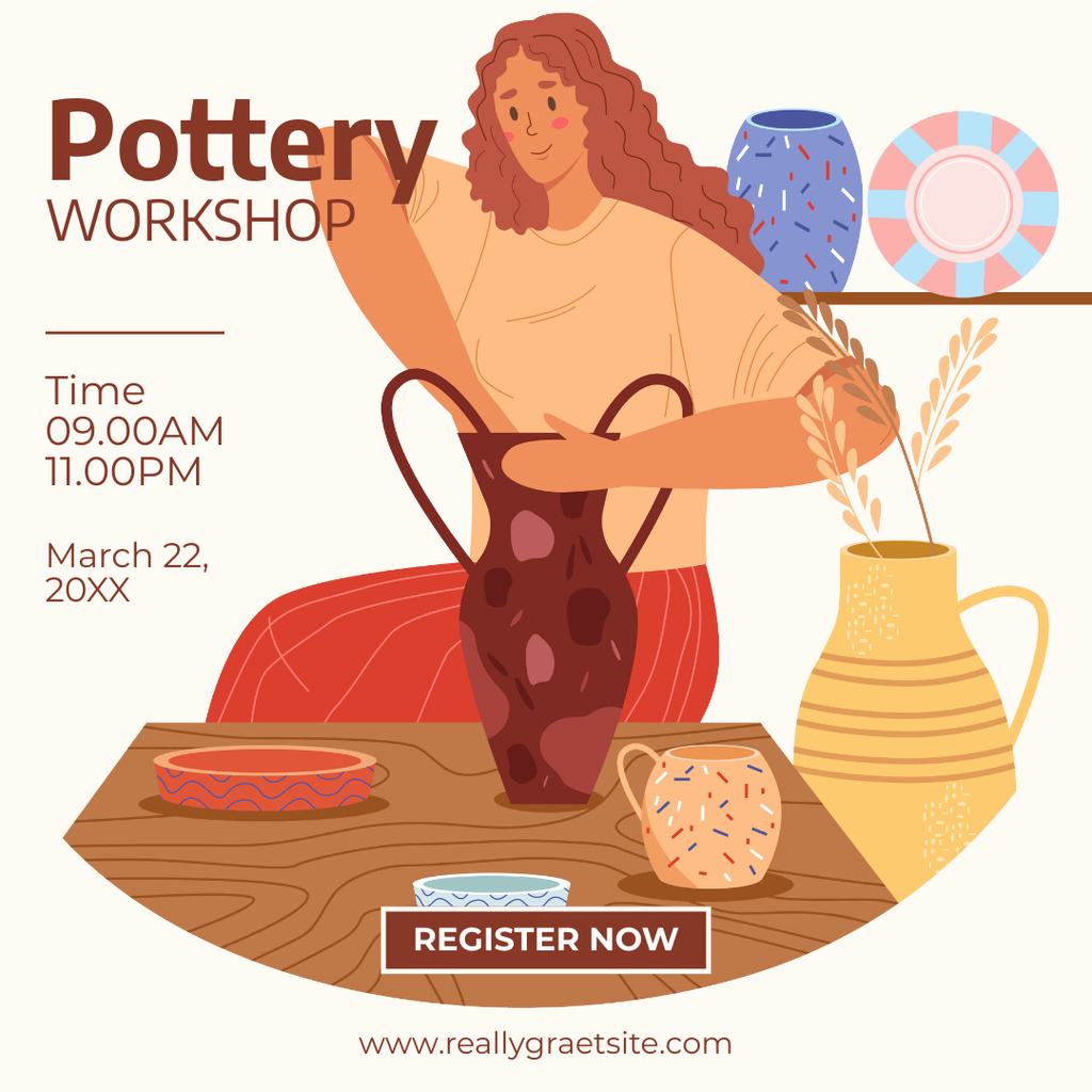 Ontwerpsjabloon van Instagram van Colorful Pottery Workshop With Illustration Announcement