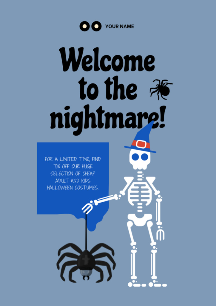 Funny Skeleton with Spider on Halloween  Flyer A4 Design Template
