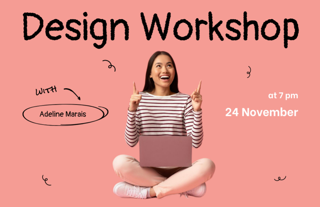 Design Workshop Announcement with Woman using Laptop Flyer 5.5x8.5in Horizontal Modelo de Design