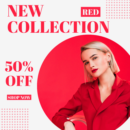 Fashion Collection Sale with Blonde Woman in Red Instagram Design Template