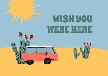 Cute Phrase With Bus And Succulents In Desert Postcard A5 Πρότυπο σχεδίασης