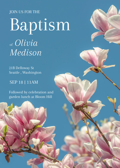 Designvorlage Baptism Ceremony Announcement with Blooming Twigs für Invitation