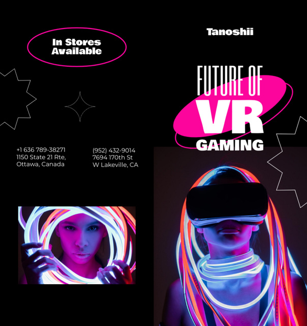 Gaming Gear Ad Woman holding Bright Neon Lights Brochure Din Large Bi-fold Modelo de Design