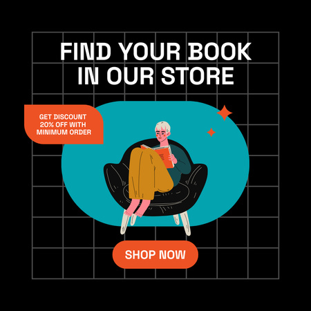 Plantilla de diseño de Book Special Sale Announcement with Cartoon Girl Reading in Chair Instagram 