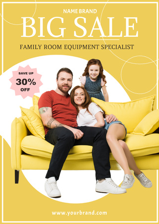 Family on Stylish Yellow Sofa on Furniture Sale Flayer Design Template