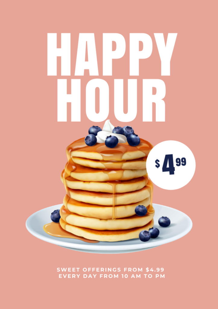 Happy Hours for Sweet Pancakes with Blueberries Flyer A5 Tasarım Şablonu