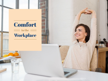 Designvorlage Woman on comfortable workplace für Presentation
