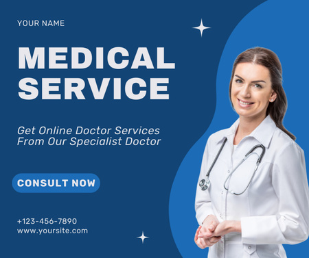 Template di design Annuncio di servizio medico con medico amichevole con stetoscopio Facebook