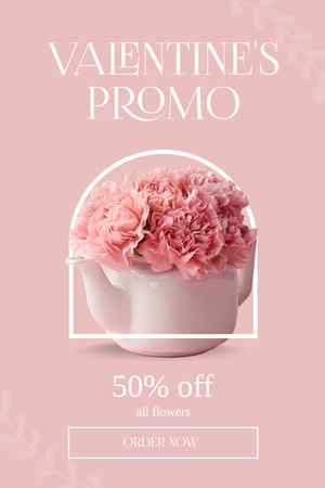 Valentine's Day Discount Promo with Rose Flowers in Teapot Pinterest Design Template