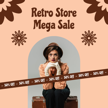 Nainen retro-myymälään mega sale beige Instagram Design Template