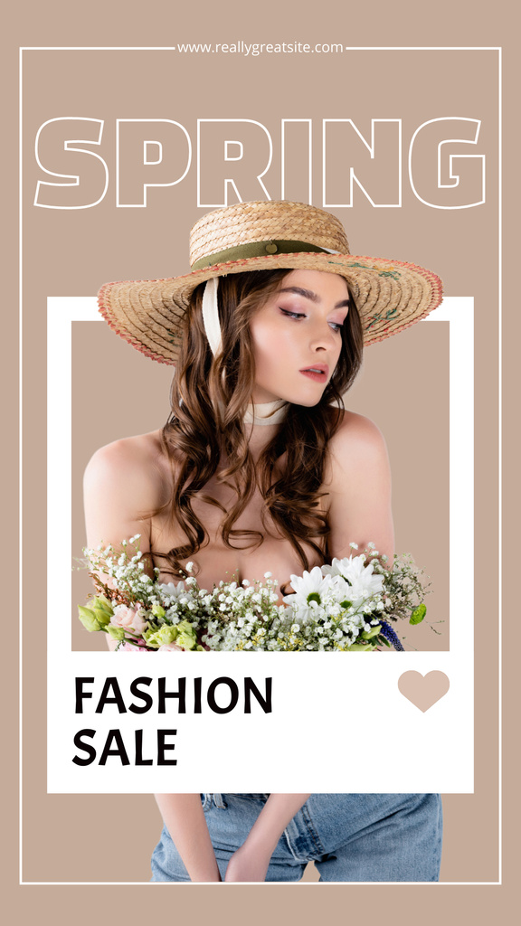 Spring Sale Announcement with Woman in Straw Hat Instagram Story Šablona návrhu