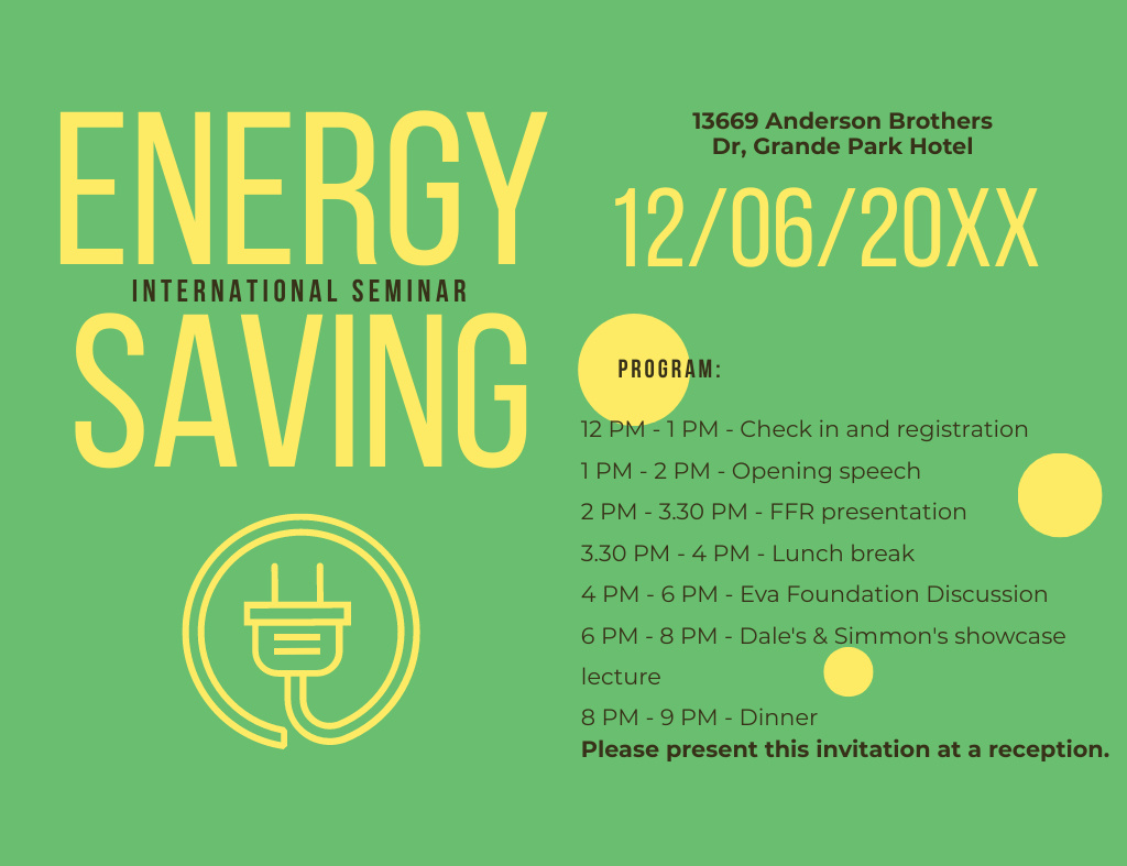 Ontwerpsjabloon van Invitation 13.9x10.7cm Horizontal van Socket Logo For Energy Saving Seminar