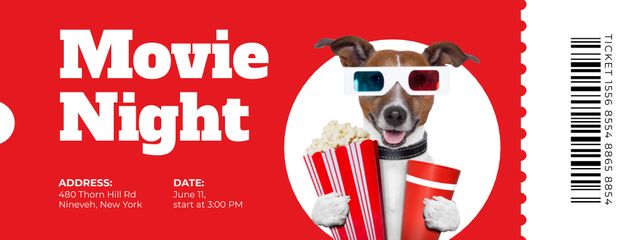 Movie Night Invitation with Cute Puppy with Glasses Ticket Design Template