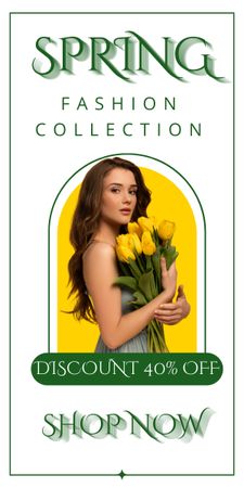 Spring Sale with Young Woman with Yellow Tulips Graphic Design Template